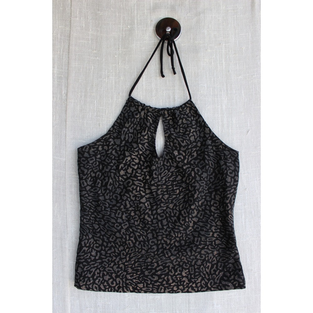 Popstars Black Gold Metallic Leopard Print Halter Top Keyhole Y2K Vintage Sz S